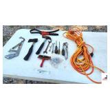 EXTENSION CORD - RUBBER HANDLE HATCHET CLAW HAMMER - WRENCHES - HACK SAW - CRAFTSMAN RUBBER OIL FILTER WRENCH - (BLDG 6)
