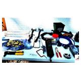 ELECTRIC MOTOR WITH HYDROPROBE ATTACHMENT CONDITION UNKNOWN - EXTENSION CORDS - SCOTTS YARD SEEDER - 34A REFRIGERANT - TUBE CRIMPERS - STANLEY NAIL SHOOTER - ASSORTMENT OF CABINET HANDLES - OLD BRASS 