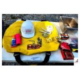 MMR NEW RUBBERIZED TOTE BAG - NEVER USED FAGAN INC HARD HAT - DRILL BITS - REAMERS - MISC SIZE NAILS - TELEPHONE CABLE CLAMPING WIRE - STENSILS - FINISH NAILS - MISC - STAINLESS PAN - MOTOROLA CORD - 