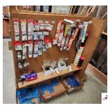WOOD FRAME PEG BOARD DOUBLE SIDED DISPLAY RACK 50" LONG + 10" LOWER SHELF - PEG BOARD SIDE LOWER SHELF - 21" ROD RACK ABOVE - NO INVENTORY INCLUDED-(OFFICE)