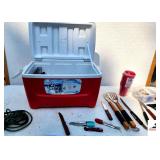 IGLOO ISLAND BREEZE COOLER - BBQ SET - TONGS - SWISS ARMY KNIFE - EXTENSION CORD - (5) RUBERMAID BLUE ICE - WINDSHIELD SCRAPERS - AMERIGAS TONGS - KNIVES - SCISSORS - PLASTIC CUPS - ONE COOLER HANDLE 