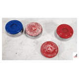 (4) SHUFFLEBOARD PUCKS/WEIGHTS- (2) RED-(2) BLUE- (1) MISSING WEIGHT