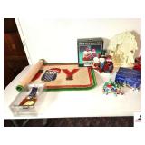 ASSORTMENT OF CHRISTMAS DECORATIONS- (4) WREATHS- SERVING TRAYS- TINS- STORAGE CONTAINERS- CANDLES- GIFT BAGS- MISC ITEMS