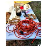 110 EXTENSION CORD 50+ FEET - JUMPER CABLES, BOLTS - DROP LIGHT - TRAILER LIGHTS - CASE - ELEC. HEATER -