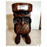 HEAVY WOOD OWL SIDE TABLE- FLAT TOP W/ WOOD CARVED OWL BASE