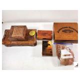 DRESSER JEWELRY BOXES- JAMICIAN CIGAR WOOD BOX - DOVETAIL CORNERS - COIN WRAPPERS - TWO SMALL CEDAR BOXS - SAYS "MOTHER"