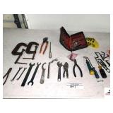 COLLECTION OF OPEN END WRENCHES- PLIERS- L BRACKETS- C CLAMPS- SOCKET WRENCH- HEX KEY SET-