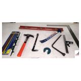 MISC TOOLS- HAMMER- (2) CROWBARS- HEX KEY- LEVEL- METAL RULER- METAL COMBINATION SQUARE- HACKSAW BLADE SET