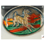VINTAGE JUMPING BUCK DEER BELT BUCKLE - ROPE BOARDER - COPYRIGHT 1980 - SERIAL NUMBER 472