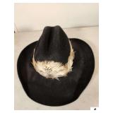 VINTAGE STETSON WESTERN COWBOY HAT - PREMIUM WOOL SIZE 7-1/4" - BLACK -  WITH FEATHER BAND