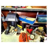 BUG LIGHT - SMALL FAN - MISC. PARTS - EVERYTING ON SELF PLUS WHATS UNDER THE SHELF - SAW HORSE LEGS - OLD HEATER - GRAIN BUCKET - FLOOR TILE - WOOD - BLINDS