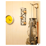BATTERY OPERATED LED KEROSENE STYLE LAMP - BLACK METAL WALL SCONCE WITH CANDLE HOLDERS - YELLOW SMILEY FACE CLOCK