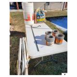 RAW IRON FLOWER STAND WITH BIRD - (4 ) ROLLS OF NEW GUTTER COVER  - BAG IF RED CEDAR PET SHAVINGS - LOUNGE CHAIR - SMALL BARREL ( 3) TRIPOD FOLDING FLOWER RACKS