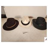 FEDORA HAT - BROWN W/ LEATHER BAND - SIZE 7 TO 7 1/4" - WHITE FEDORA STYLE HAT W/ BLACK BAND - BLACK GREG NORMAN STRAW FISHING HAT W/ SHARK LOGO BAND