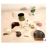 GOLFING PRACTICE HOLE CUP- MISC GOLF TEES- GOLF BALL QUARTZ MINI CLOCK- GOLF PLASTIC CLUB W/ BALL- PLAYERS RIVERBOAT ASH TRAY- LINDSEY CLAIR BALL MARKER- GOLF MINI CLOCK- NOT WORKING
