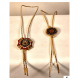 (2) GOLD COLORED NECK BOLO TIE - VETERANS OF FOREIGN WAR US CLASP - AMERICAN LEGION CLASP