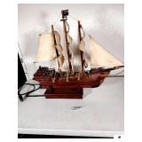 VINTAGE WOOD PIRATE SHIP- 3 MASS- FRONT & REAR SAIL- REAR RUDDER- LIGHTS UP- GOOD WOODWORKING- HANDMADE