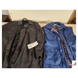 MENS ALL WEATHER TRENCHCOAT WITH LINER- 44R SIZE XL & LINED BLUE VEST  - XL (CLOSET)