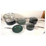 GRANITESTONE BRAND POTS AND PANS - POT WITH DOUBLE BOILER ATTACHMENT - (2) SKILLETS - ONE HAS LID - (2) COOKING POTS WITH LIDS - 10 PC SET