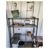 METAL STORAGE RACK - 4 SELVES - 5 FT. WIDE - WITH CONTENTS - PORCH BRACKETS -  - PLASTIC FLOWER POTS -  - TIRE TOOL - METAL  FLOWER POT  STAND WITH PLANT TOP -