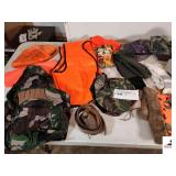 HUNTING APPAREL - ORANGE FLORESCENT VEST - CAMO VEST - INSULATED SOCKS, GLOVES (XL) , TOBOGAN - IN GREEN PLASTIC CRATE (TRAILER)