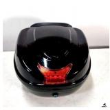 MOTORCYCLE ROUND PLASTIC SADDLE BAG STORAGE COMPARTMENT- GOOD CONDITION- HARLEY DAVIDSON DIE CUTZ VINYL WINDOW DECAL