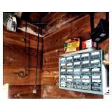 WALL MACHINE SCREW CABINET (SMALL) - PAIR OF SAFETY GLASSES - SAW BLADE - THERMOMETER  - WATER CUT OFF - DOOR HINGE - SAW BLADE - CRAFTSMAN POLE & REMINGTON 16" CHAIN - WEEDEATER THREAD - WARRIOR PROB