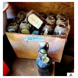 (30) AMBER LEVI GARRETT & SONS TOBACCO STUFF BOTTLES  - 1 BROKE- AMBER LAGER BOTTLE WITH WHITE PORCELAIN LID & METAL VAIL