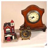 (1) UNION FIRE CO #1 FIREHOUSE, CARLISLE, PA - (1) VINTAGE TRINKET ALARM CLOCK - (1) BATTERY CLOCK W/ ROMAN NUMERAL FACINGS- (2) SMALL WOODEN STANDS