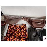 (4) FAUX LEATHER FANNIE PACKS- 2 BROWN, 2 BLACK- LEATHER GLOVES- OLD CHARTER BAG- FLAME COLORED FABRIC