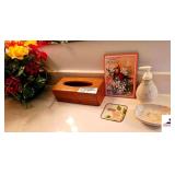 FURLEISE CHINA MUSIC BOX - ORIENTIAL PAINTED COVERED DRESSER BOX - TOOTHBRUSH HOLDER - HUMMINGBIRD PRINT - CORNER SHELF - HANDPAINTED BIRDHOUSE - PAPER BASKETS - SMALL RUG - SOAP DISH - FLOWER VASE - 