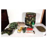 CAMO BUCKET STOOL- BARREN TOP- STORAGE INSIDE WITH RAIN PONCHO, 3.06 AMMO, CAMO MASK, BAG, GLOVES
