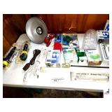 SOLAR LIGHT FIXTURE- LIGHT BULBS- EXTENSION CORDS- FLOOD LIGHT- CORD SPOUTS- BRUSH- HOSE CONNECTORS- MISC SCREWS- TAPE- ELECTRICAL PLUG INS