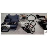 MULTIPRO DREMMEL WITH FLEX SHAFT ATTACHMENT- GRAY PLASTIC CARRYING BOX- MISC SIZE DREMMEL HEADS- HEAVY DUTY STAPLE GUN-