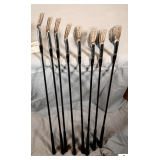 SET OF GOLF CLUBS- RAM KATHY OPEN PERSONAL MODEL IRONS- 3, 4, 5, 6, 7, 8, 9, PITCHING WEDGE- RAM SAND WEDGE(REMOVED)- INVESTOR SAND WEDGE- RAM #1 IRON(REMOVED)- 3 CLUB HANDLES- TIGHTLESS 5 IRON- BLUE 