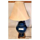 BLUE TABLE LAMP WITH SHADE - BLUE GLASS BASE - CREAM SHADE - BRASS BOTTOM