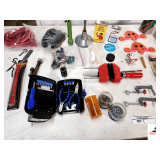 COLLECTION OF SMALL TOOLS- RACHET STRAPS- BUNGEE CORDS- TABLE CLAMPS- CROWBAR- FLASHLIGHT- TOOL KIT W/ DRILL BITS, NEEDLENOSE PLIERS, CUTTERS-PORTABLE MINI VISE CLAMP-MINI LIGHT BULBS- MINI HAND VACCU