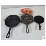 (1) 6" CAST IRON SKILLET- (1) 4 1/2" CAST IRON SKILLET- (1) DANISH AEBLESKIVER PAN