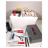 BT-168 BATTERY TESTER - MINI SCREW DRIVERS - PLIERS - CUTTERS - SCISSORS - 4-WAY SCREWDRIVER - DRIMMEL BITS - TWEEZERS - SAUNDERS CLAMPERS - MINI DRILL BITS - FLASHLIGHT - METAL BOX