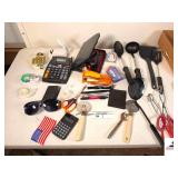 MISC OFFICE SET - TAPE - CALCULATORS - COOKING SPOONS - PIZZA CUTTERS - TONGS