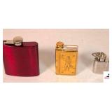 (3) SMALL FLASKS - RED STAINLESS 6OZ - PORCELAINE LIMOGE CASTEL FRANCE , CHINA LEMPEREUR NAPOLEON BI-CENTENAIRE DE 1769-1969 (CORK CAP MISSING)  MINITURE SHOT FLASK WITH CHAIN