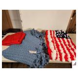 KNITTED SPREAD WITH RUFFLE EDGE - AMERICAN FLAG BATH MAT - SMALL BLANKET