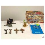 VINTAGE FURNITURE CLOCK KEYS - ASSORTED CURVED NEEDLES - UPHOLSTERED JEWELRY BOX