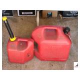 5 GALLON PLASTIC GAS CAN- PARTIALLY FULL- 2 GALLON PLASTIC GAS CAN -FUEL HAND  PUMP