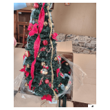 6FT POP UP CHRISTMAS TREE W/ ORNAMENTS - (4) STRANDS RED LIGHTS - BAG OF RED BALL ORNAMENTS - BOX OF GOLD AND RED MISC ORNAMENTS - LED FLAG DISPLAY - WORKS - PARTIAL ROLLS OF CHRISTMAS & BIRTHDAY WRAP