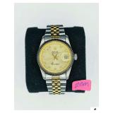 ROLEX OYSTER PERPETUAL DATEJUST 36 TWO TONE LADIES  WATCH- 18K GOLD- STAINLESS JUBILEE BRACELET- GOLD DIAL, DIAMOND HOUR MAKERS, AND FLUTED BEZEL DESIGN- ROLEX, 18K 750 NO. 28664 ON BACK