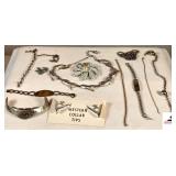 WESTERN SHIRT COLLAR TIPS - PEARL STYLE LEAF PIN - SILVER STYLE NECKLACE - CHARM BRACELETS - MISC PIECES OF CHAIN - BRACELET INSCRIBED CENTER PLATE STERLING + 1/10 10K SIMMONS