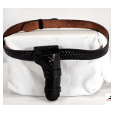 HAND TOOL BLACK LEATHER BELT & HOLSTER TOP FLAP MISSING - BELT IS 42" LONG -