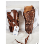 LEATHER WESTERN STYLE HOLSTER 1936 BUFFALO LIBERTY HEAD NICKLE BUTTON - PARTIALLY TOOLNG FOR REVOLVER - WESTERN REVOLVER HOLSTER - LONG BARREL - HAND TOOLD WITH WITH STITCHING - EXTRA BACK HAS BEEN CU