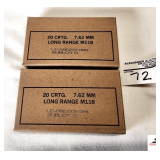 (2) LAKE CITY ARMORY AMMUNITION 7.62MM M118LR AMMO (40) ROUNDS TOTAL - SPECIAL MATCH GRADE FOR SNIPER RIFLE - DESIGNED FOR HIGH ACCURACY, LONG RANGE - 20 CARTRIDGES/BOX - SAMPLE PICTURE